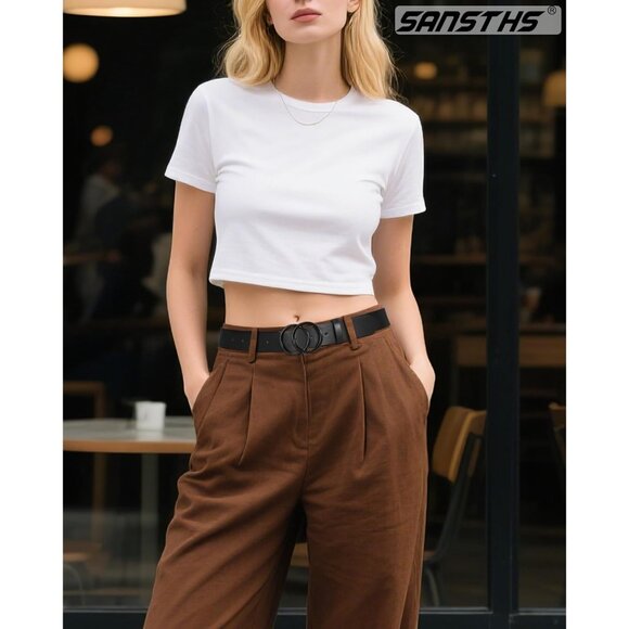Women\'s Leather Belt Jeans Pants Fashion Waist Belt Ring Buckle All Black Belt main image 4